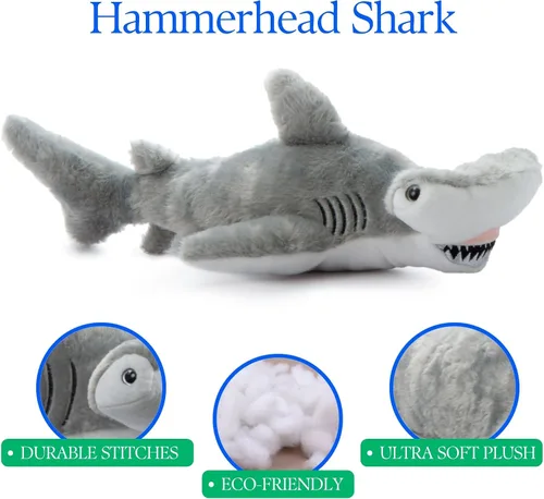 Vista 7 de The Petting Zoo Hammerhead - Peluche de tiburón de peluche, regalos para niños, animales salvajes del océano Onez, juguete de peluche de tiburón