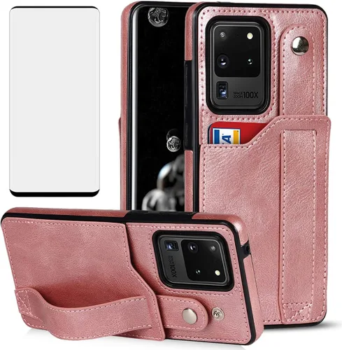Vista 8 de Funda para teléfono Samsung Galaxy S20 Ultra 5G con protector de pantalla, correa de muñeca ajustable, atril, ranura para tarjetas de crédito