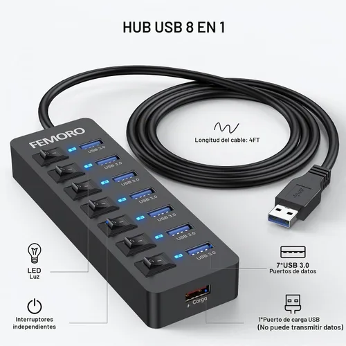 Vista 5 de Hub USB 3.0 alimentado, 7 puertos de datos y 1 puerto de carga, cable de 4