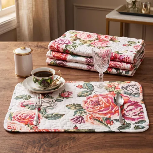 Vista 6 de DaDa Bedding Romantic Roses - Juego de 4 manteles individuales acolchados de algodón para mesa de comedor, diseño de rosas y rojas, para jardín