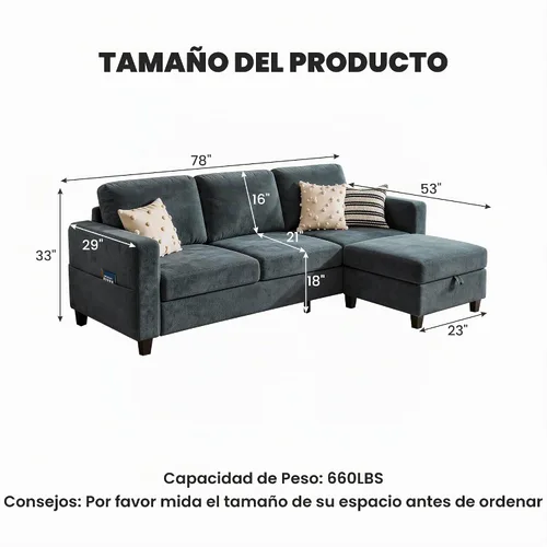 Vista 2 de Sofá modular en forma de L de 78 pulgadas con otomana de almacenamiento