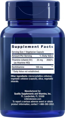 Vista 2 de Life Extension Benfotiamina con tiamina, apoyo saludable para el metabolismo del azúcar en sangre, 100 mg de benfotiamina, salud cardiovascular