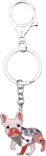 Vista 2 de Bonsny - Llavero de metal esmaltado con forma de corazón con diamantes de imitación, diseño de bulldog francés, para mujeres, niños, bolso de coche