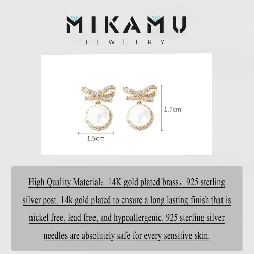 Vista 2 de MIKAMU Aretes de lazo de oro de 14 quilates para mujer, circonita cúbica, delicados aretes de perlas chapados en oro para mujer, joyería de regalo
