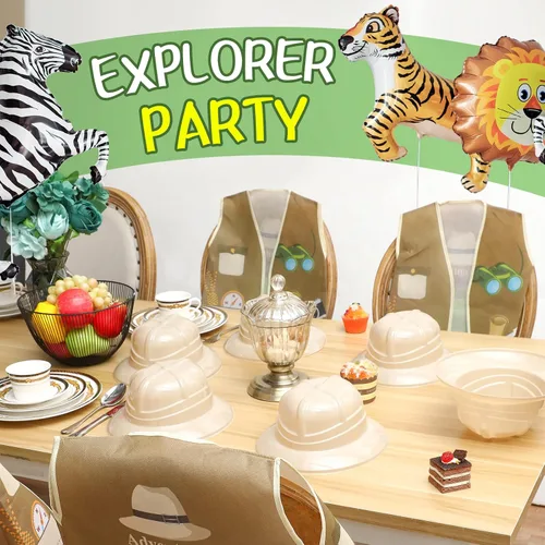 Vista 4 de Coume 12 sombreros de safari y chaleco, disfraz de safari incluye 6 sombreros de explorador de plástico y 6 chalecos de selva, suministros de fiesta