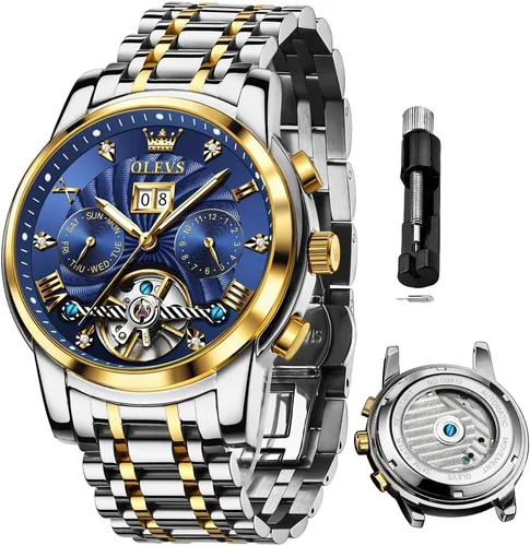 Vista 39 de OLEVS Reloj de pulsera automático con diseño de esqueleto para hombre, de lujo, con diamantes de lujo, de acero inoxidable, calendario, reloj
