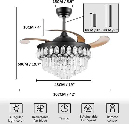 Vista 3 de Ventilador de techo de cristal de 42 pulgadas con aspas retráctiles LED con las cuchillas retráctiles de las luces LED de la lámpara teledirigida