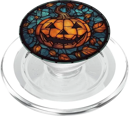 Vista 8 de Calabaza de Halloween vidrieras hojas de otoño negras PopSockets Standard PopGrip