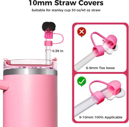 Vista 2 de 6 piezas de cubiertas de pajita rosa y negra para vaso Stanley, lindas tapas de pajita de silicona para 10mm de punta de pajita, accesorios