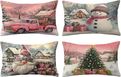 Vista 29 de Juego de 4 fundas de almohada de Navidad de 12 x 12 pulgadas, fundas de almohada de terciopelo de Navidad, fundas de almohada doradas y rojas