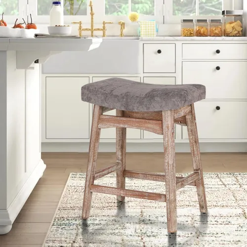 Vista 27 de ALPHA HOME Taburete de bar, taburete de cocina de silla de montar de madera maciza con cojín de tela de lino beige, taburete de bar de altura
