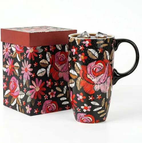 Vista 13 de DUSVALLY Taza de viaje de cerámica de 17 onzas con tapa, taza de café botánica vintage, taza de té floral azul con asa, apta para microondas