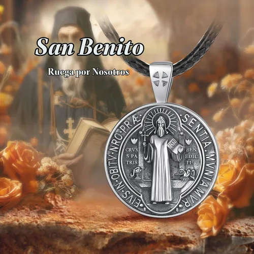 Vista 4 de EUDORA Medalla de plata de ley S925 con collar de San Patrono para mujeres A01-Saint Benedict Medalla