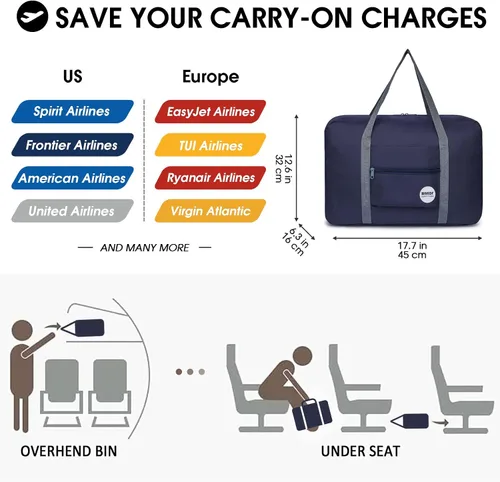 Vista 2 de Bolsa de viaje para artículos personales de Spirit Airlines de 18 x 14 x 8 pulgadas, bolsa de viaje debajo del asiento, equipaje de mano plegable