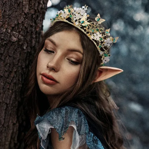 Vista 4 de FRESHME Juego de orejas de elfo con corona de hada, accesorios de disfraz de cosplay, diadema de mariposa, tiara de duendecillo con orejas de elfo