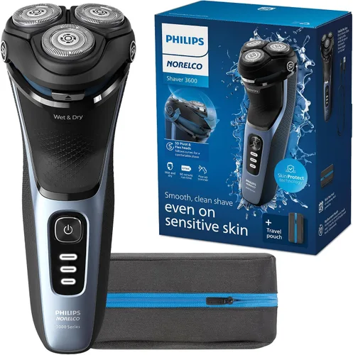 Vista 10 de Philips Norelco Shaver 3900 Series, afeitadora eléctrica húmeda y seca, P-Cap, estuche de viaje, soporte de carga, azul tormenta, modelo S3341/92