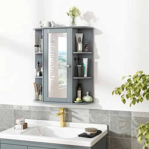 Vista 2 de Tangkula Botiquín de baño, armario de almacenamiento montado en la pared con puerta de espejo, extraíble y 3 estantes ajustables, armario de espejo