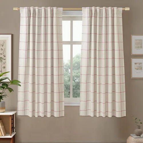 Vista 47 de DriftAway 2 paneles cortinas de lino a cuadros 100% opacas de doble capa cortinas para dormitorio de 96 pulgadas de largo estilo granja con Gris