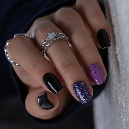 Vista 8 de CurvLife Uñas postizas cuadradas cortas a presión, terciopelo degradado Paris Script