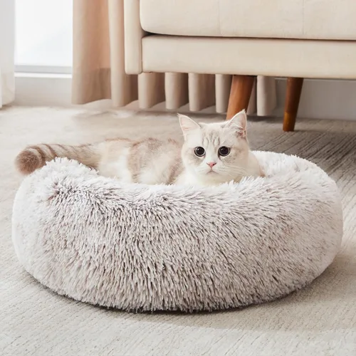 Vista 20 de Cama calmante para perros y gatos, cama antiansiedad, de felpa, con forma de dona, redonda, acolchada, de piel sintética, suave y esponjosa