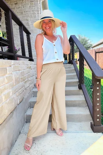 Vista 5 de Febriajuce Pantalones de cintura alta y pierna ancha para mujer, cintura elástica fruncida, pantalones holgados con bolsillos