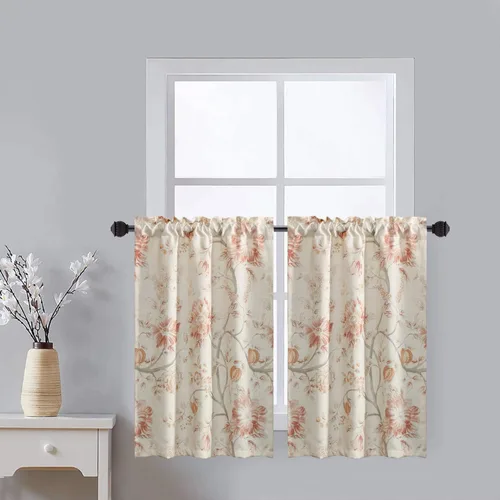 Vista 45 de Leeva Cortinas rústicas de cocina con estampado floral verde mezclado de lino para media ventana, para comedor, bolsillo para barra, cafetería