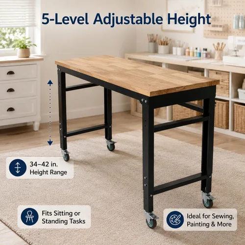 Vista 2 de Banco de trabajo ajustable de 48 pulgadas con ruedas, mesa de trabajo resistente de 2000 libras, banco de herramientas de taller, metal con parte