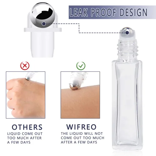 Vista 5 de wifreo 40 botellas de vidrio de 0.3 fl oz para aceites esenciales, botellas de muestra de perfume transparente recargables ecológicas con bola