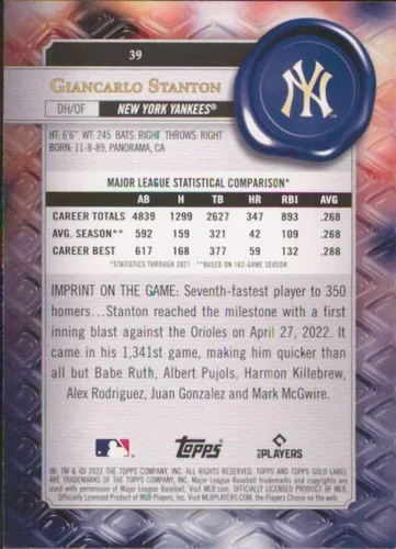 Vista 2 de 2022 Topps Gold Label Class 1#39 Giancarlo Stanton New York Yankees Baseball Card - GotBaseballCards