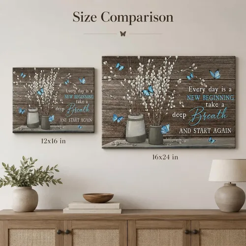 Vista 6 de Arte de pared de lienzo para baño estilo granja, vintage, rústico, país, flor, mariposa azul, pintura, imagen, decoración de pared, Cada día es un