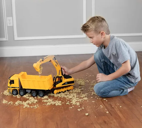 Vista 6 de Toy To Enjoy Juguetes de construcción – Excavadora y camión volquete de juguete para niños (juego de 2) – Garra movible y elevación trasera – Camión