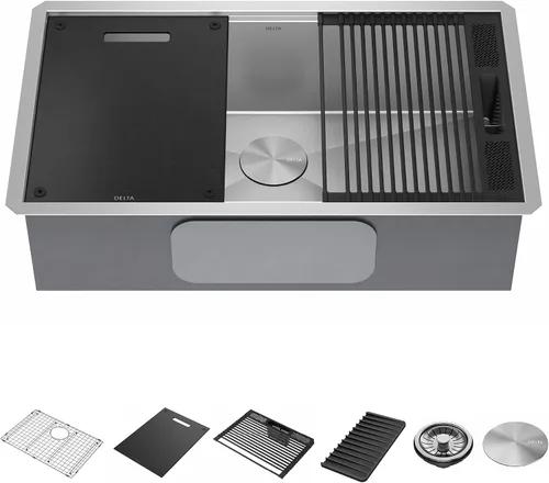Vista 25 de DELTA FAUCET Delta Rivet 25 Pulgadas de Acero Inoxidable Negro Fregadero de Montaje Superior de Calibre 16 para Cocina con Tarja Única en Acabado