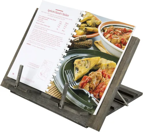 Vista 3 de MyGift Soporte para libros de cocina de madera gris rústica, ajustable y plegable, carpeta de recetas y soporte para tableta