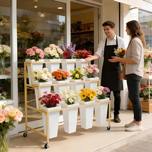 Vista 5 de Soporte de exhibición de flores de 3 niveles, soporte móvil de metal para plantas con 12 cubos, carrito de flores con ruedas, adecuado para G