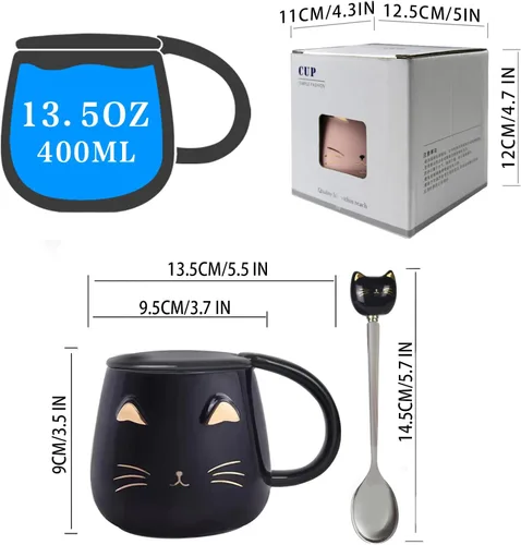 Vista 3 de Yuwu Taza de café con diseño de gato, regalo para los amantes de los gatos, taza de cerámica, taza novedosa con tapa y cuchara de acero inoxidable