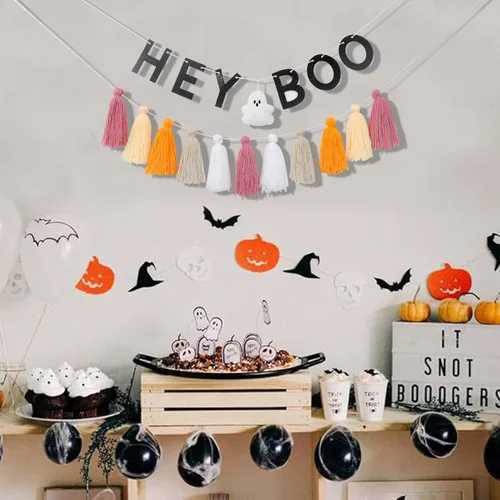 Vista 5 de Hey Boo - Pancarta con borlas de fantasma, pancarta de borla de fantasma para Halloween, decoración del hogar de Halloween, pancarta de fantasma