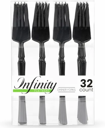 Vista 6 de Blue Sky Infinity Flatware - Tenedores desechables negros – 32 unidades Cubiertos de plástico duro para eventos y fiestas elegantes