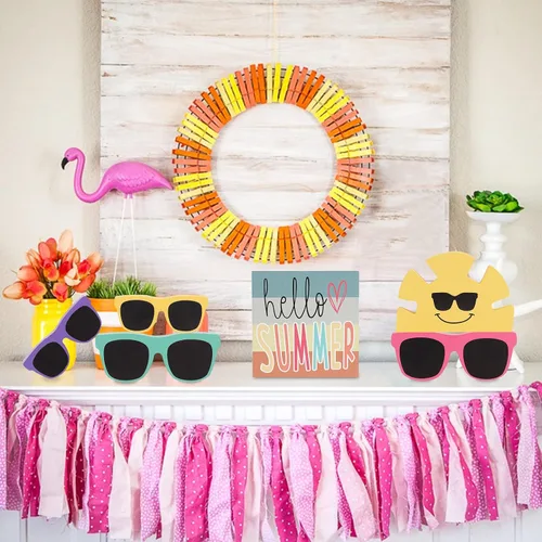 Vista 7 de Decoración de verano – 6 piezas de decoración rústica de verano con bandejas escalonadas – Gafas de sol de madera para el hogar – Decoraciones