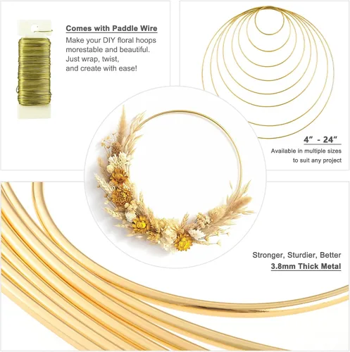 Vista 3 de Paquete de 8 anillos de metal para manualidades, anillos de macramé de 8 pulgadas, suministros de atrapasueños, centros de mesa de aro floral