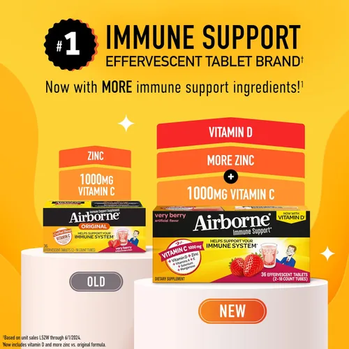 Vista 2 de Vitamina C 1000 mg (por porción), tabletas efervescentes Airborne Very Berry (36 unidades en una caja), suplemento de apoyo inmunológico sin gluten