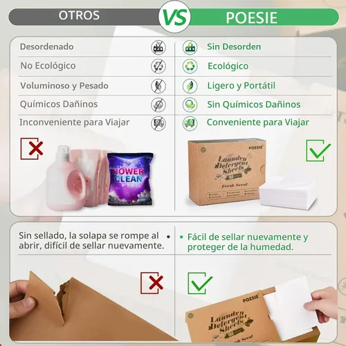 Vista 2 de Poesie Hojas de detergente para ropa sucia, sin plástico, portátil, biodegradable, dos fragancias, 320 hojas, cero residuos para el hogar