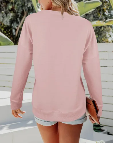 Vista 2 de Fallorchid Sudadera casual para mujer, cuello redondo, manga larga, ligera, lisa, holgada