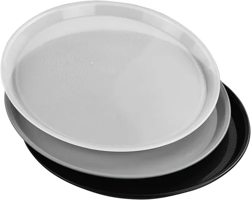 Vista 5 de Wekioger Juego de 3 bandejas redondas de plástico para servir, bandejas para servir comida rápida de 13.5 pulgadas, color blanco, negro, gris
