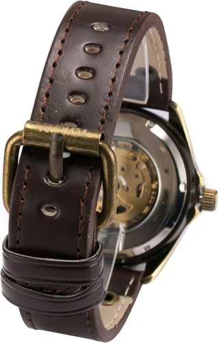 Vista 4 de reloj estilo vintage, carcasa de bronce, cuero marrón, mecánico automático, hombres, PMW368