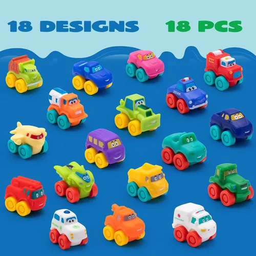 Vista 5 de JOYIN Juego de 18 autos de tracción hacia atrás y 18 piezas de juguete de goma suave, mini vehículos de juguete, auto para niños pequeños, recuerdos