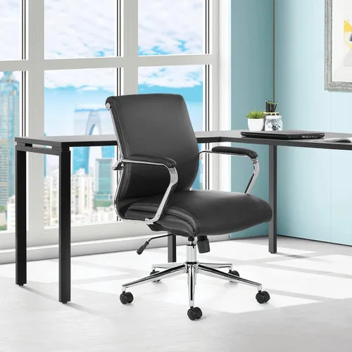 Vista 2 de Office Star Silla de oficina ajustable Antimicrobial Manager con base cromada, respaldo medio, tela negra Dillon