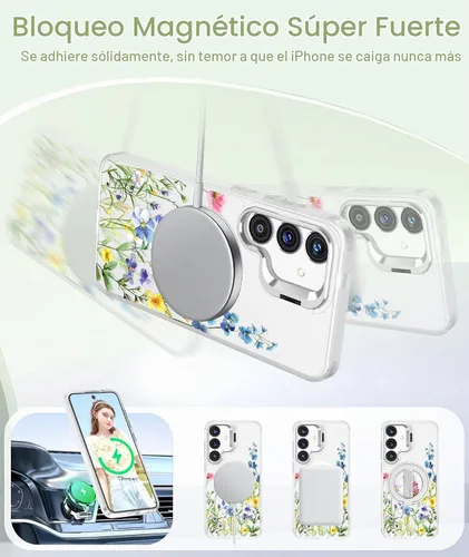 Vista 5 de Dretal Funda magnética para Samsung Galaxy S24 Plus/S25 Plus floral, soporte de lente integrado, protector de pantalla, funda magnética translúcida
