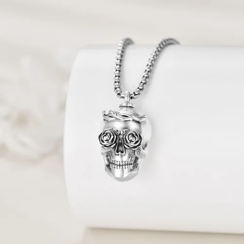 Vista 3 de AINFQY Collar de urna de calavera para cenizas S925 Sterling Sliver Urn Pendant Memorial Cremation Jewelry Skull Ashes Holder para hombres y mujeres