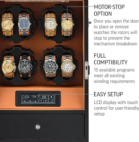 Vista 5 de Enrollador de 8 relojes con retroiluminación LED y 5 cajones de almacenamiento de relojes