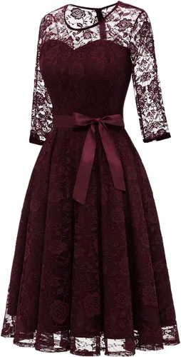 Vista 3 de Dressystar Vestido de encaje floral para mujer, corto, para dama de honor, con cuello transparente B- Borgoña